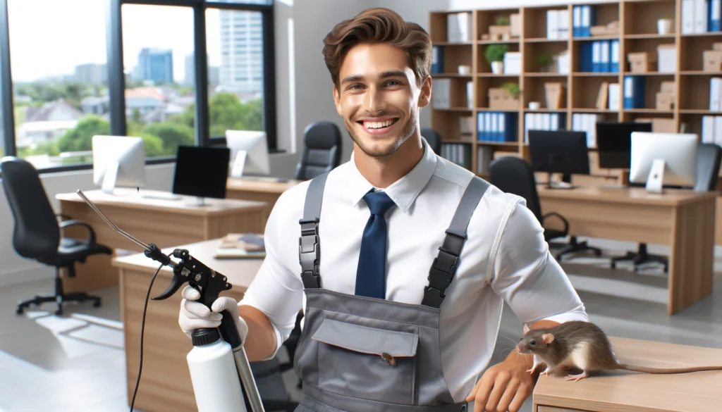 Illustration au format paysage d'un jeune homme brun souriant et bronzé en tenue de dératisation, réalisant une prestation de dératisation dans un bureau moderne et bien éclairé, équipé de gants et d'un pulvérisateur.webp